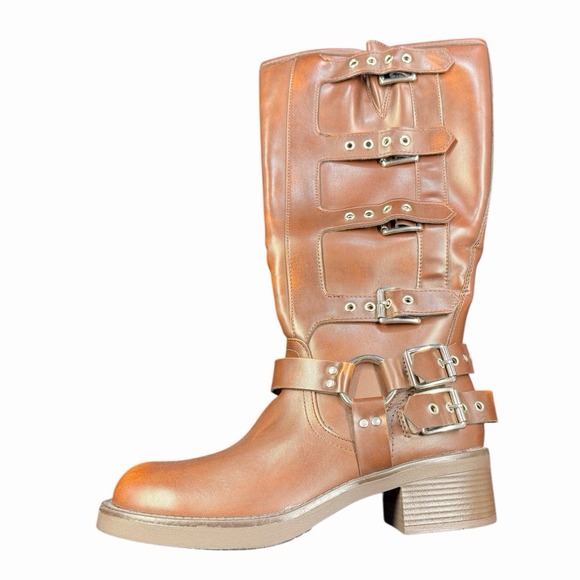 Women's Knee High Riding Biker Boots Buckle Square Toe Chunky Heel Wide Calf - Picture 3 of 9